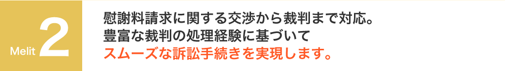 慰謝料請求に関する交渉から裁判まで対応。豊富な裁判の処理経験に基づいてスムーズな訴訟手続きを実現します。